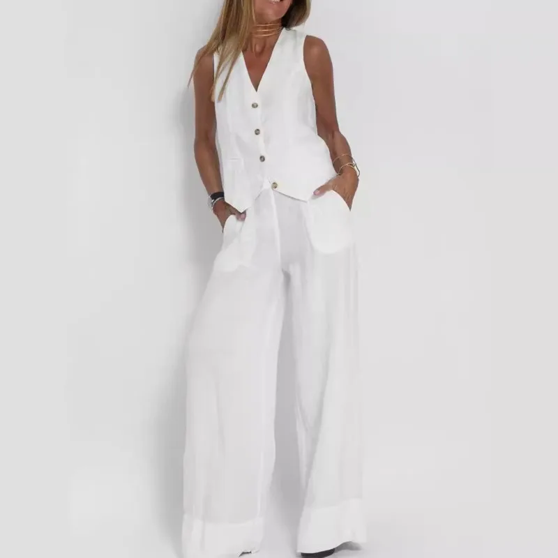 

2026 New Summer Pants Set V-neck Solid Color Cuffless Button Pocket Fashionable And Comfortable Casual Loose Unique Pants Set