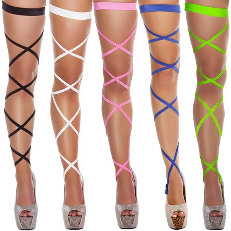 Plus Size Lingerie Women Sexy High Thigh Stockings Gothic Punk Cross Bandage Leg Wrap Ladies Pole Dance Club Party Hosiery