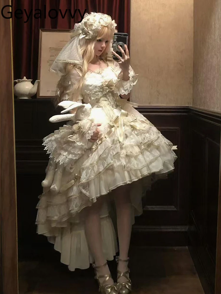 فستان سهرة لوليتا ياباني بعقدة ذهبية لحفلات الزفاف بخصر عالٍ وأكمام قصيرة لحفلات أعياد الميلاد فستان أداء الأميرة الحلوة #1