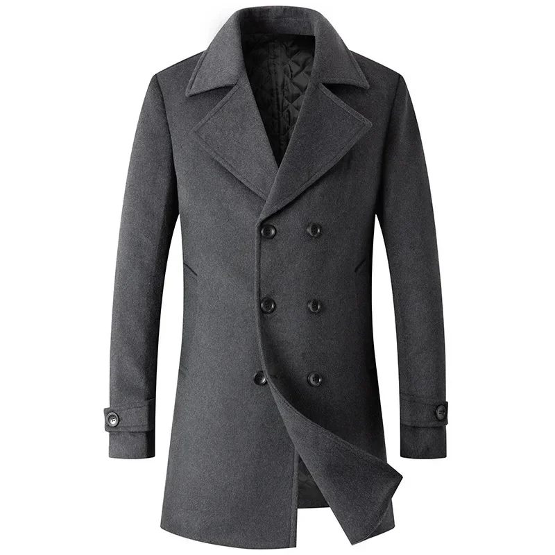 Boys Grey Long Overcoat Winter Men Double Breasted Woolen Coat Brown Business Office Wear Wool Jacket Male Outerwear Plus Size