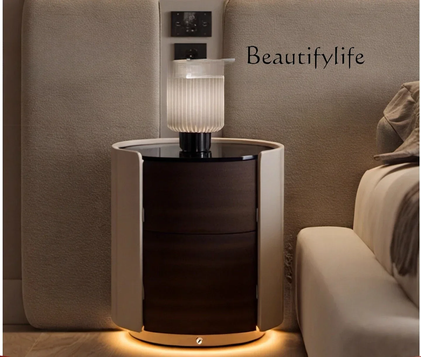 

J W Italian Minimalist Bedside Table Solid Wood Paint Round Cabinet High-end Designer Smart Bedside Table Light Luxury Plus Lamp