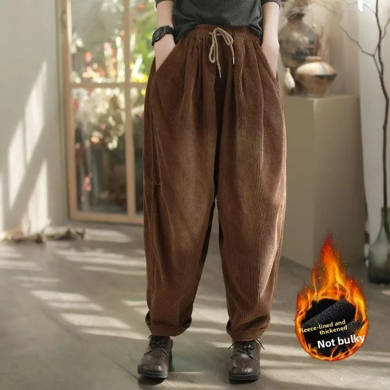 레트로 컬러 코듀로이 팬츠 여성용 가을 겨울 루즈 스트레이트 레그 하이웨이스트 바지 캐주얼 팬츠 한국 스타일