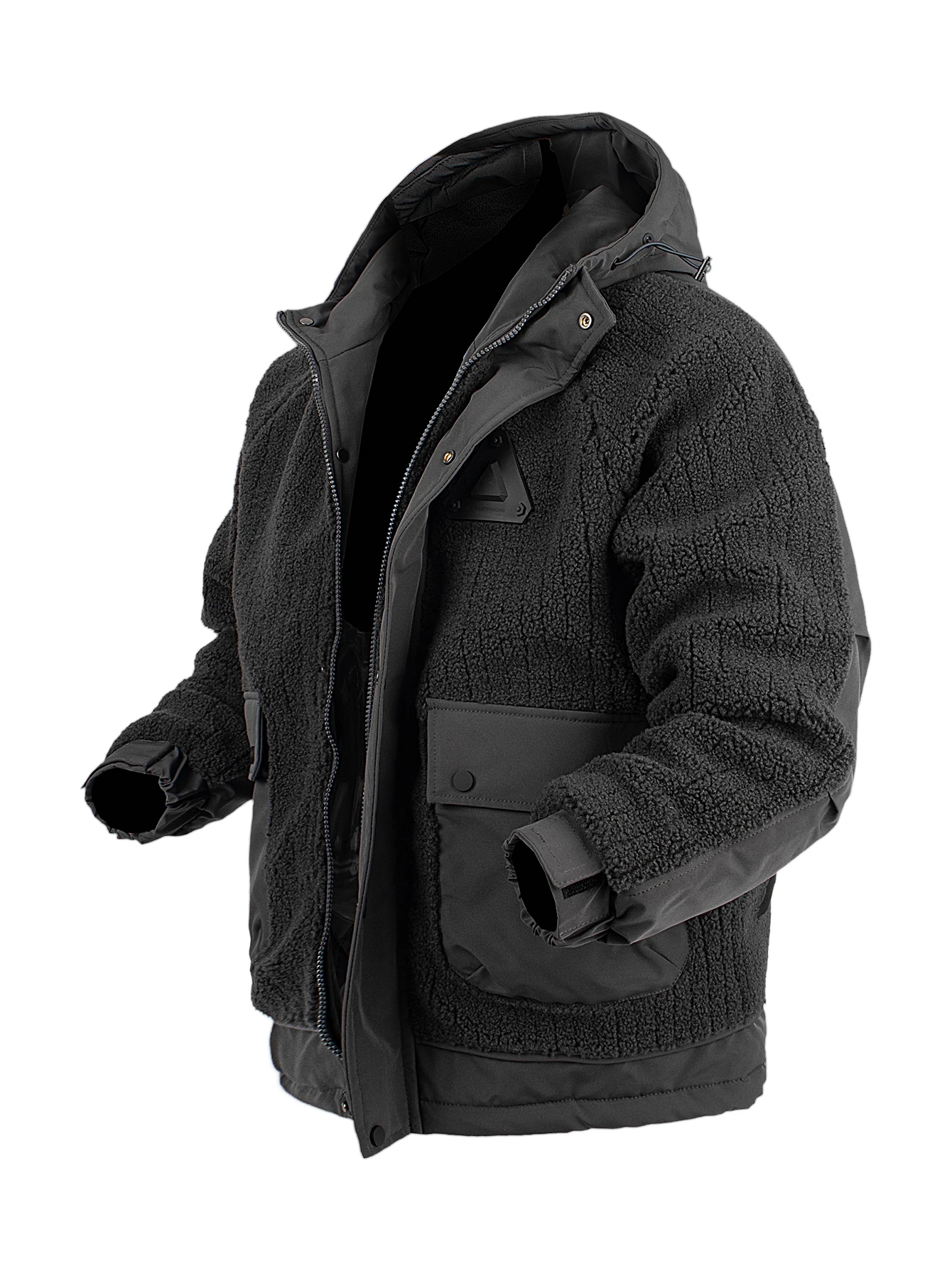 

Multi-Pocket Hooded Techwear Jacket Men Sherpa Fleece Drawstring Waist Lace-Up Cuff Tactical Outdoor Winter Streetwear Coat”