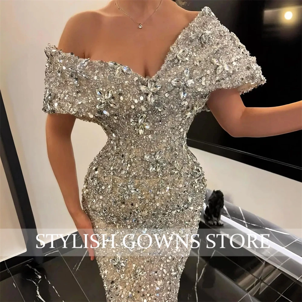 Saudi Arabic Sparkly Bead Diamonds Evening Dress Gems Crystals Glitter Prom Gown Birthday Party Dress Vestidos De فستان وردي