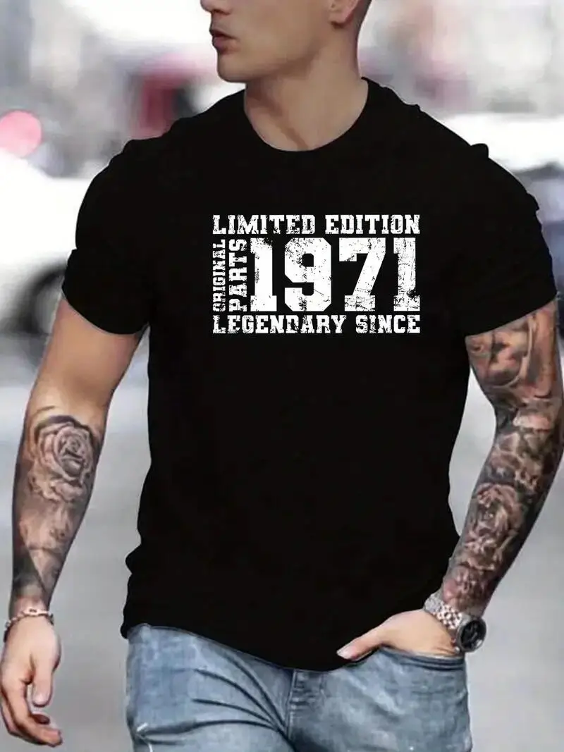 "LIMITED 1971 EDITION" رسائل طباعة عادية طاقم الرقبة قصيرة الأكمام بلايز للرجال ، التجفيف السريع مريح تيشيرت صيفي غير رسمي