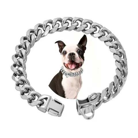 Chew Proof Stainless Steel Silver Gold Dog Collars with Safety Buckle 18K Cuban Link Chain Training Collar Strong Dog Necklace