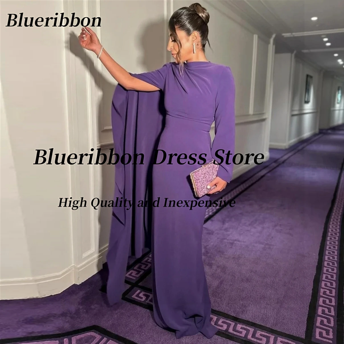 

Blueribbon Customized Saudi Arabia Evening Party Dresses Women Wear Long Sleeve Prom Dress Zipper Back فساتين سهره سعودية