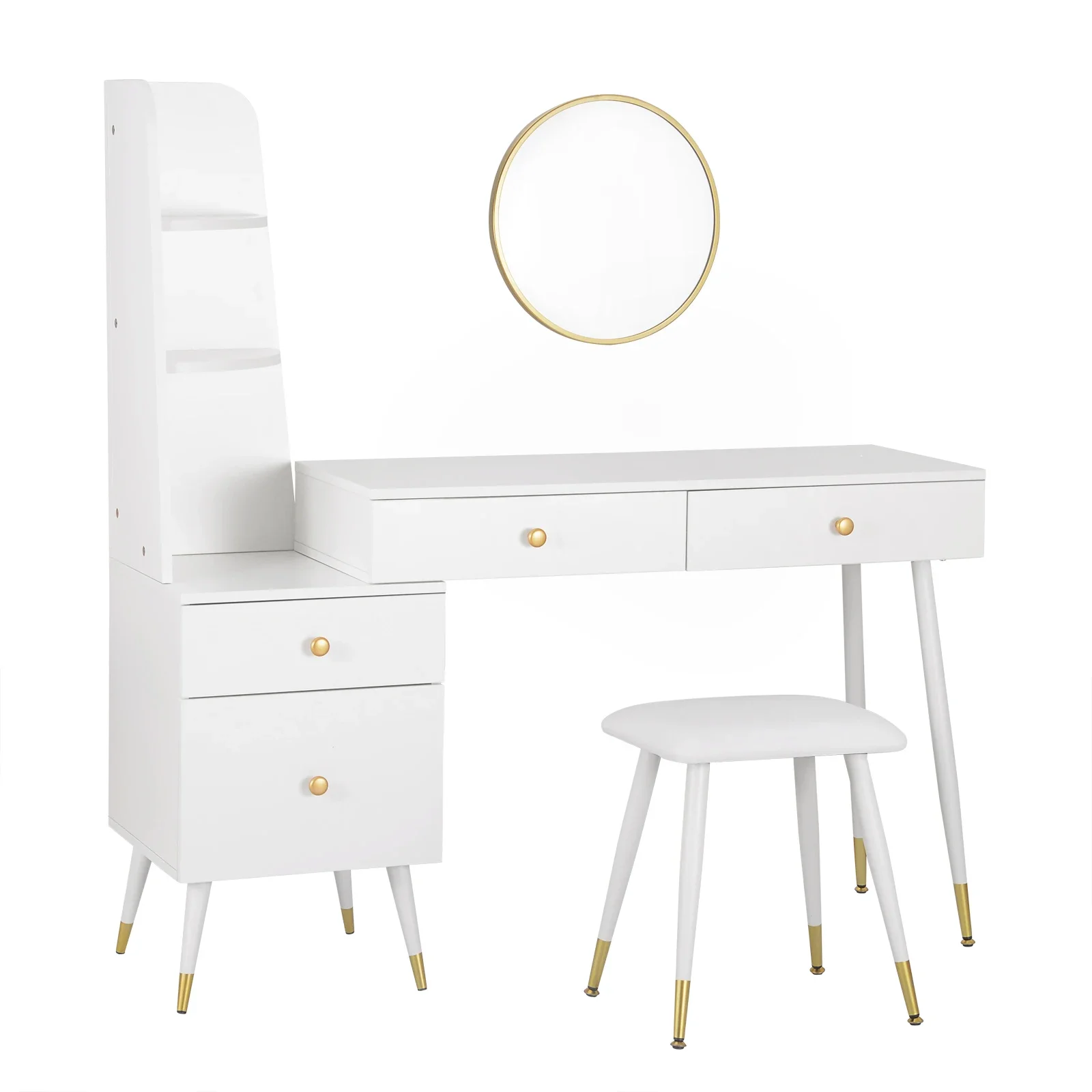 1SET White Dressing Table Vanity Dresser with Stool Mirror 4 Drawers Large Makeup Table Top Modern Cosmetic Table for Bedroom