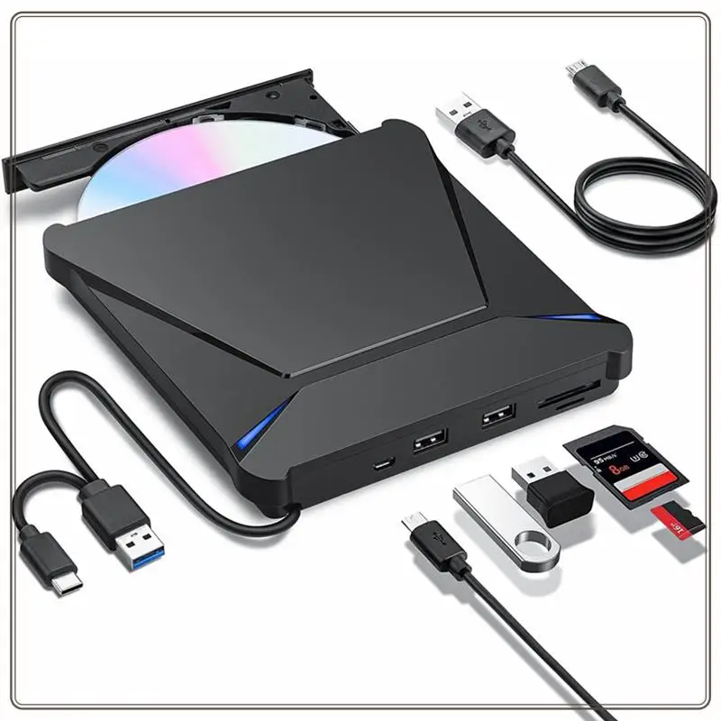 

Надежный внешний DVD-привод, USB 3.0 Type-C, портативная записывающая устройство для компакт-дисков и DVD с двумя портами USB и слотами для карт, внешний DVD-привод, USB 3