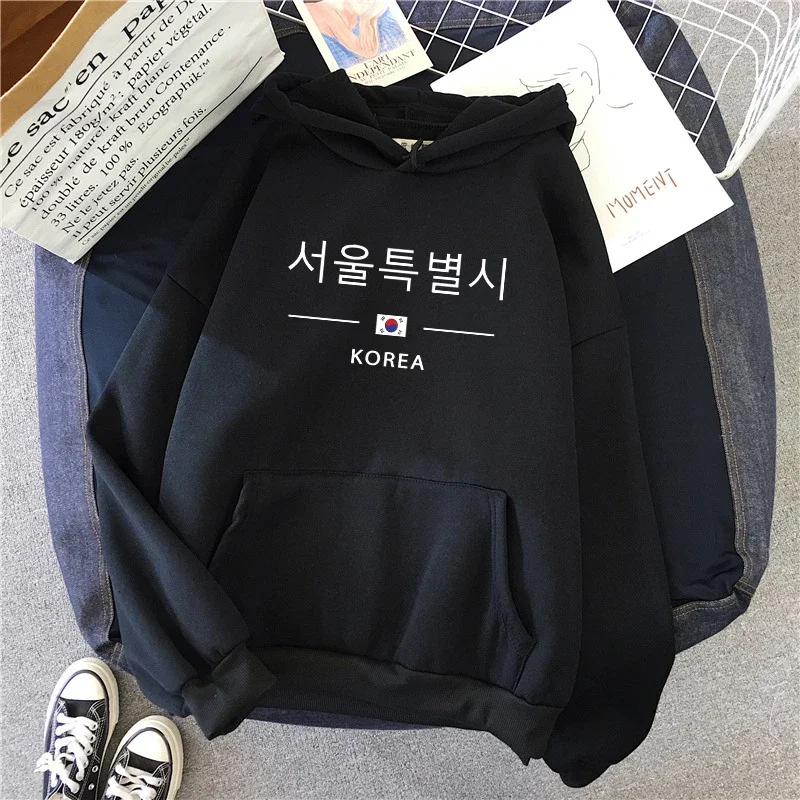 

Seoul Корейская толстовка с принтом для женщин, высококачественный пуловер с капюшоном и длинными рукавами, всесезонный женский модный повседневный свитшот Harajuku
