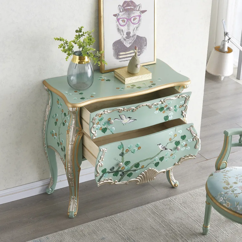 Elegant French Provincial Console Table, Handcrafted Floral Art Sideboard with Curved Legs & Ornate Trim