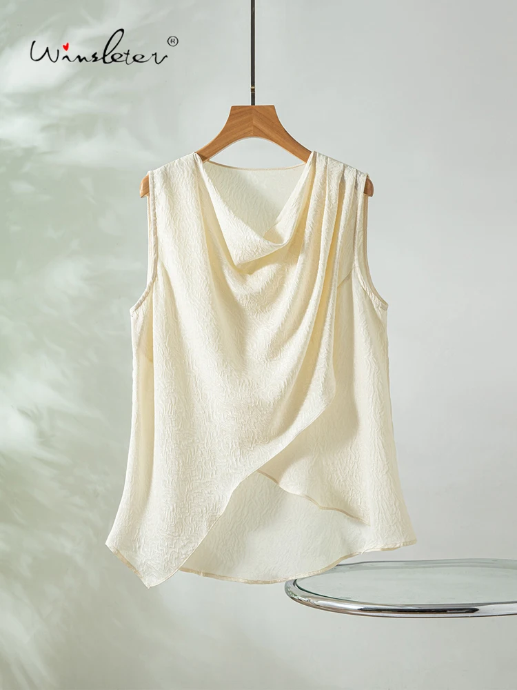 

Winsleter-100%Real Silk Guanle Satin Elegant T-Shirt, Swinging Collar Solid, Women Fashion Loose Vest Tops, 2026 Summer T64701CC