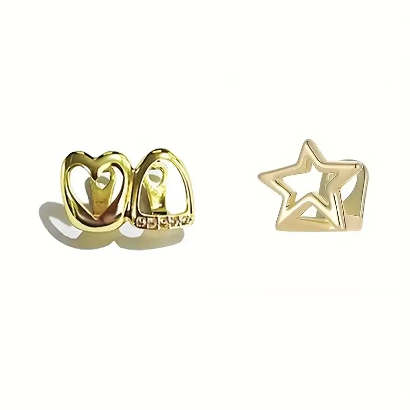 2Pcs Hip-Hop Hollow Heart Synthetic Zirconia Sparkling Teeth Accessories - Halloween Performance Props, Unisex Couple