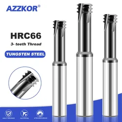 AZZKOR HRC66 Tungsten Steel Carbide 3-tooth thread Milling Cutter Nano Coating CNC Machining Center Cutter M3M5M6M8