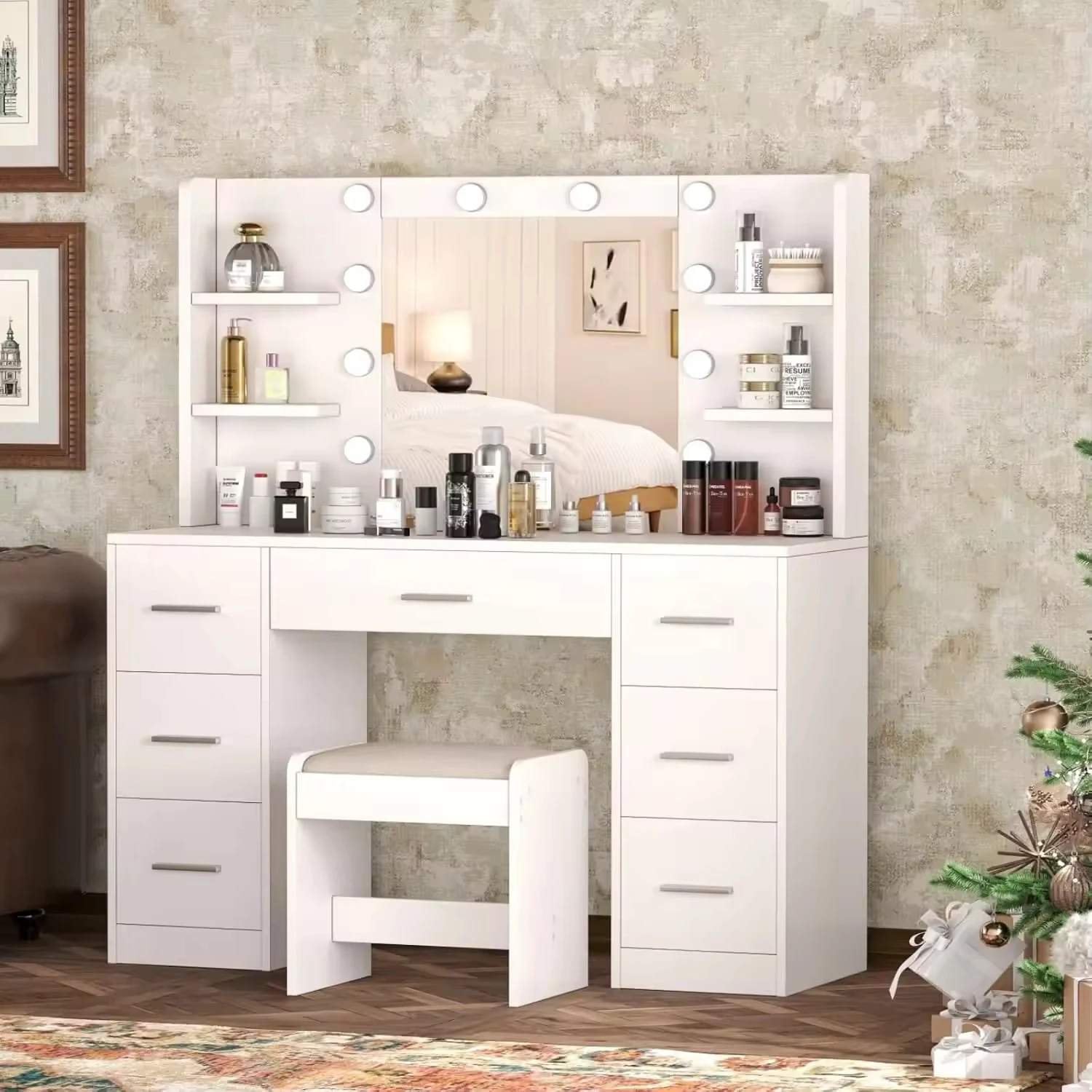 #Modern Luxury White 7-Drawer LED Makeup Vanity Dressing Table Storage Dresser Mirror Eco-Friendly Wooden Hotel Bedroom Panel