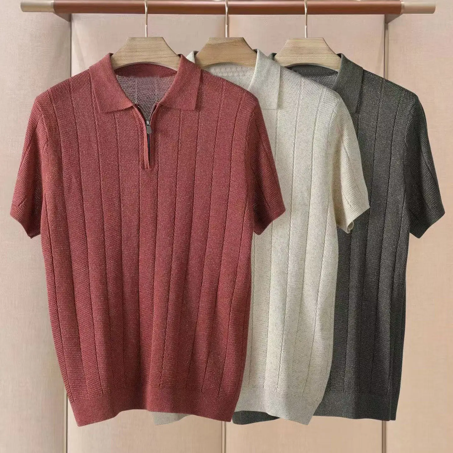 Italian BC old money style 26 spring and summer new vertical striped half-pull chain lapel short sleeve