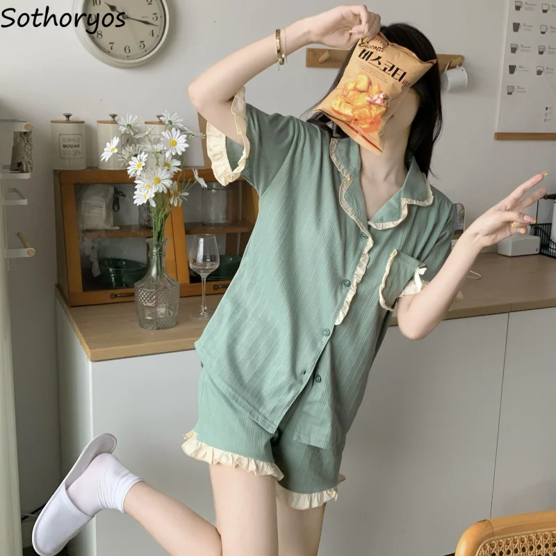 Pajama Sets Women Ruffles Creativity Casual Basics All-match Daily Simple Korean Style Elegant Lovely Vintage Delicate Summer