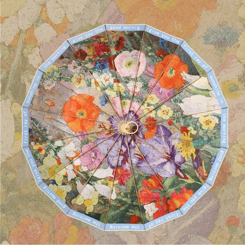 Vintage Umbrella Oil Painting Style Floral Sunny Rainy UV Protection Umbrella New 16-bone 3-fold Sunshade Girl Gift In Stock