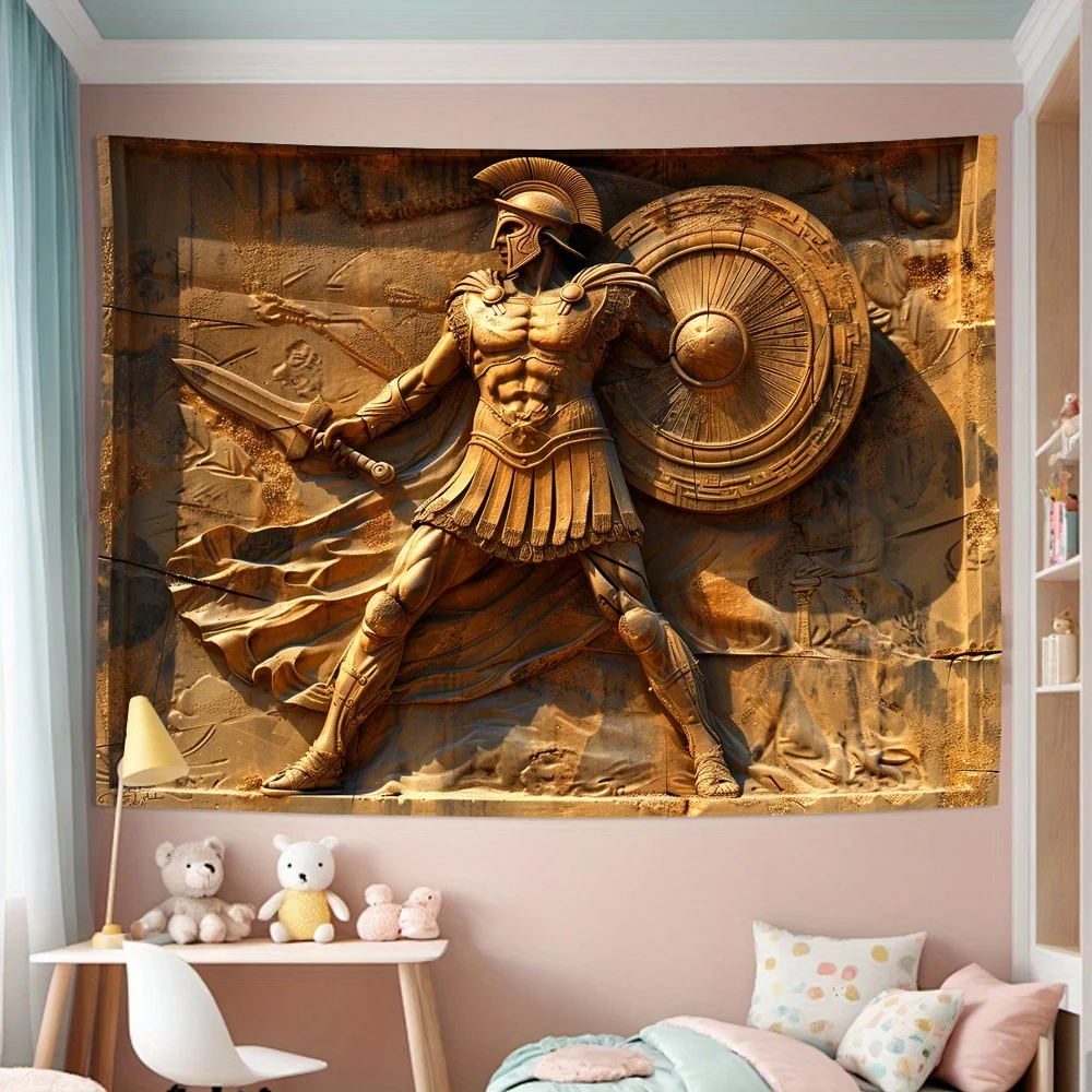 نسيج حائط ثلاثي الأبعاد Vintage Spartan Warrior - تصميم الدرع والسيف، ديكور بوليستر لغرفة المعيشة وغرفة النوم والمكتب