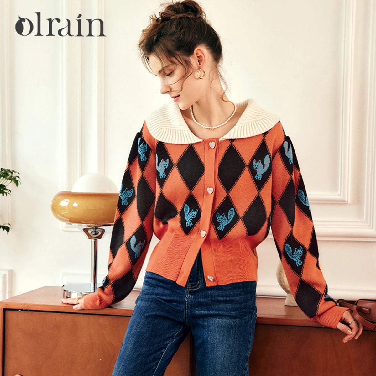 OLrain Women French Doll Collar Argyle Squirrel Print Knit Cardigan 2026 Spring New Color Block Sweater Outerwear O22QM66295
