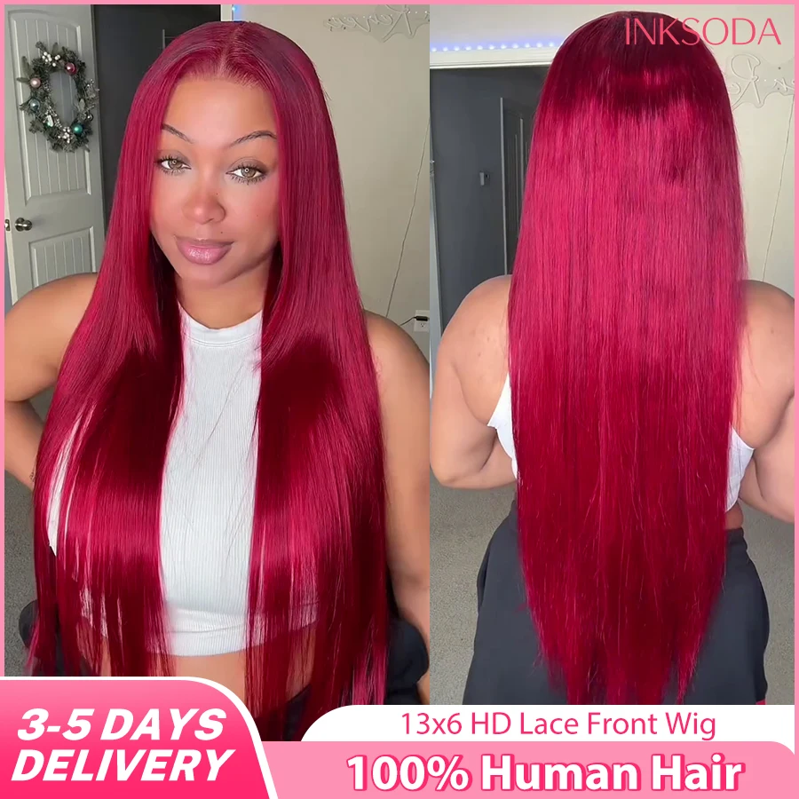 

Бордовый парик из натуральных волос 13x6 HD Lace Frontal, прямой, красный 99J, цветной, 13x4 Lace Front, для женщин, плотность 180-220%