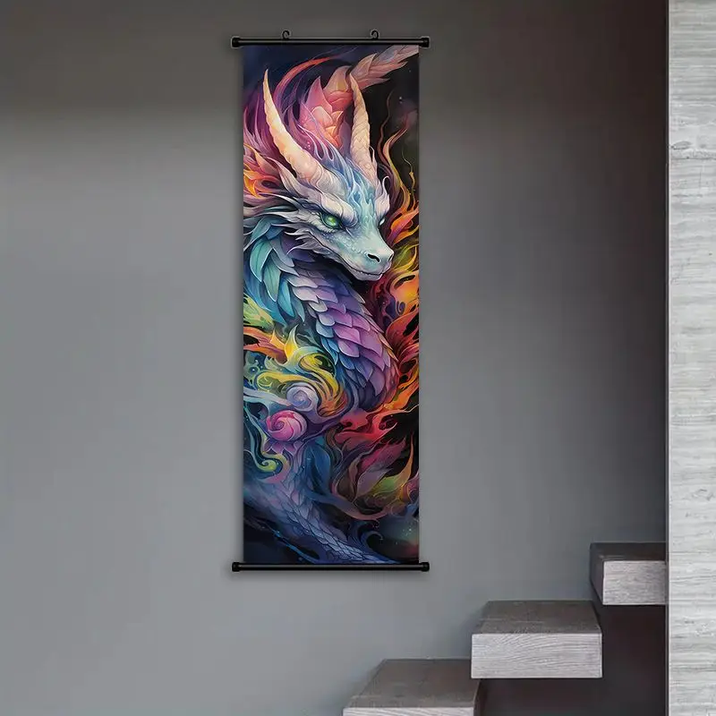 Vertical Scroll Dragon Tapestry Rainbow Mythical Dragon Fantasy Oriental Scroll Mural Living Room Entrance Wall Decoration