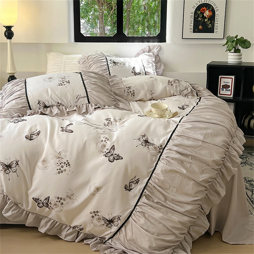 Light Luxury French Retro Washed Cotton Four Piece Set Bedroom Lace Duvet Cover Pillowcase Bedclothes Home Textiles Bedding Set