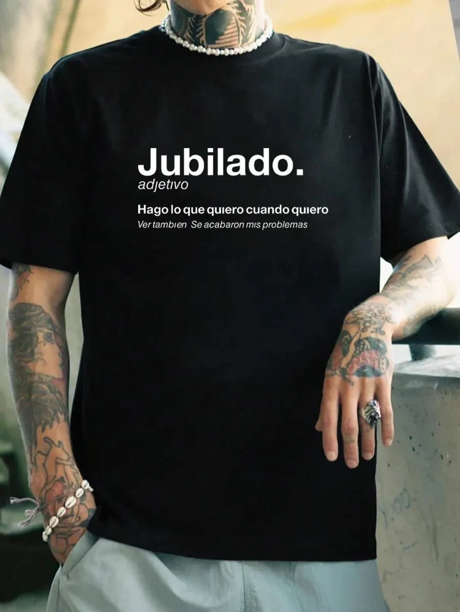 "Jubilado" الإسباني مجانًا - نمط شعار حماسي من القطن الخالص، طباعة صيفية جديدة بأكمام قصيرة، فضفاضة ومتعددة الاستخدامات