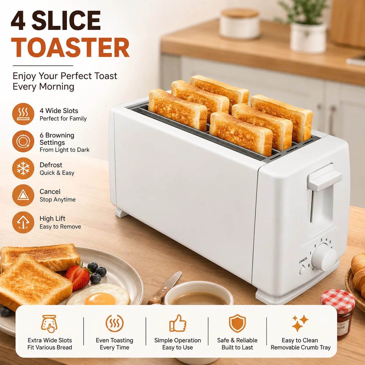 4 Slice Bread Browning Machine, Wide Slot Breakfast Maker, Adjustable Toasting Levels for Home Kitchen Use