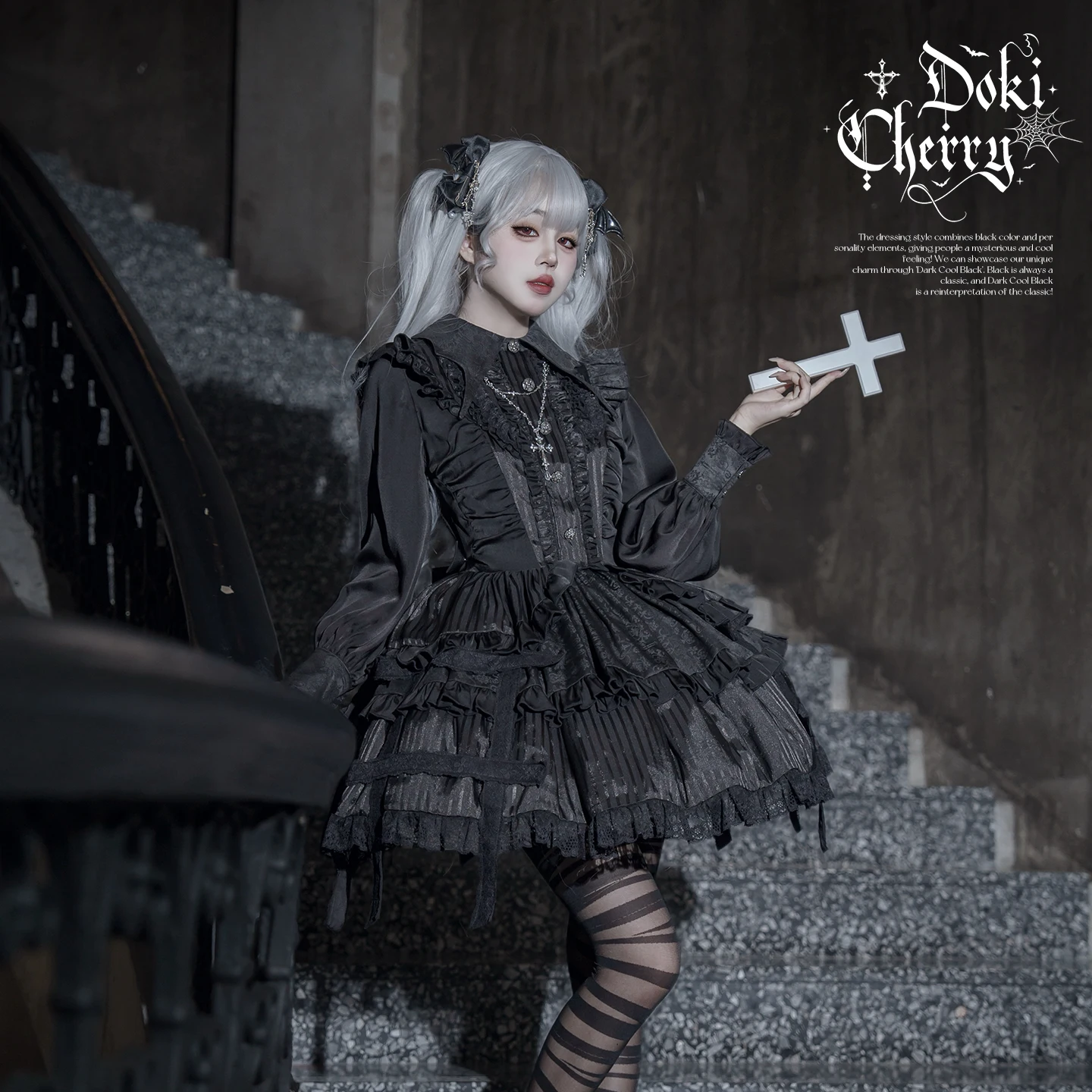 الأصلي ثقافة فرعية الأسود القوطية لوليتا فستان بكم طويل OP ربيع الخريف فتاة جديدة حلوة كول Batwing طوق الدانتيل كوس فستان #3
