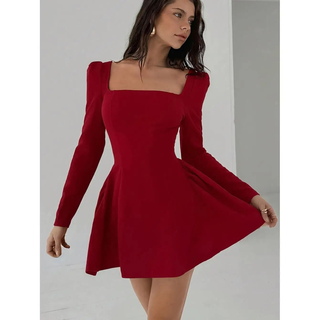 Maglia a maniche lunghe slim fit con collo quadrato, gonna a trapezio in maglia per autunno, nuovo arrivo per taglie piccole...