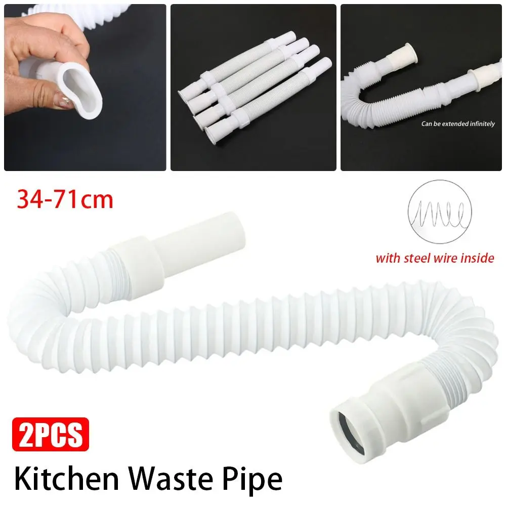 

2Pcs Plumbing Hose Waste Pipe Flexible Stretchable Bathroom Wash Basin Kitchen Sewer Pipe 34-71cm with Steel Wire Inside