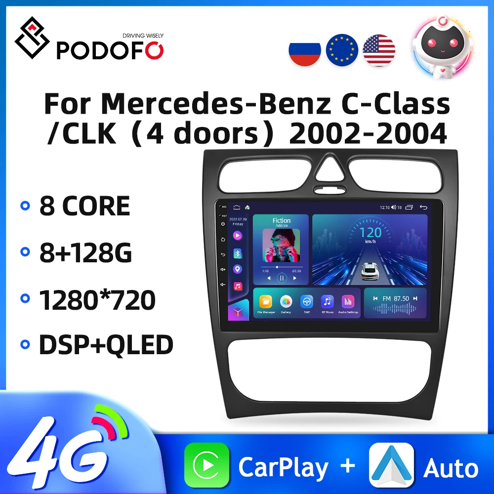 

Podofo 2Din 9'' Car Radio For Mercedes Benz C Class CLK 2002-2004 Multimedia Player Carplay Android Auto GPS WIFI DSP Autoradio