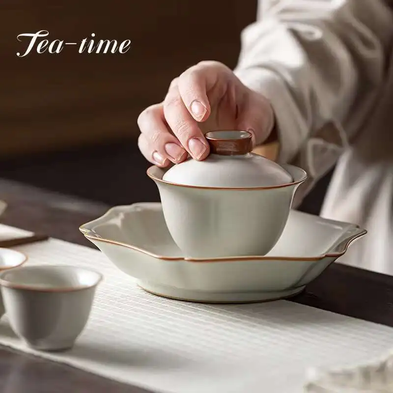 Chinese Cream Ru Kiln Ceramic Pot Bearing Plate Zisha Teapot Holder Can Raise Tea Tray Dry Refreshment Fruit Plate Kungfu Teaset