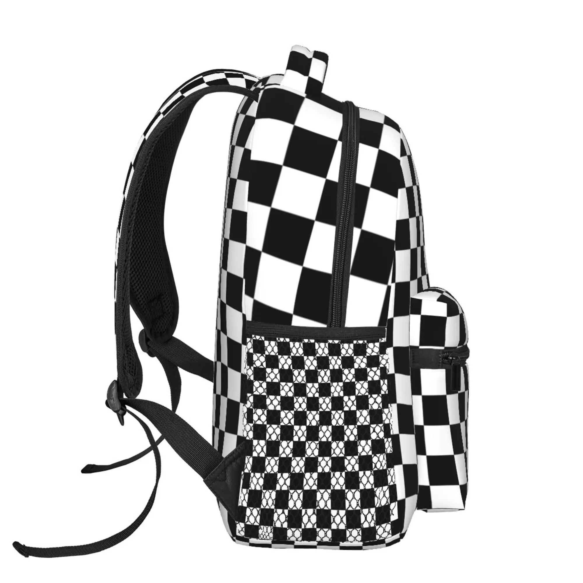 Black And White Squares Plaid Backpack Classic Basic Water Resistant Casual Daypack for Travel with Bottle Side Pockets