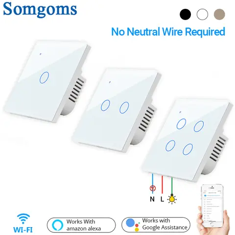 Tuya WiFi 스마트 터치 벽 스위치 220V 중립 와이어 없음 1/2/3/4 갱 LED 조명 스위치 스마트 홈 Alexa Google 홈 EU UK