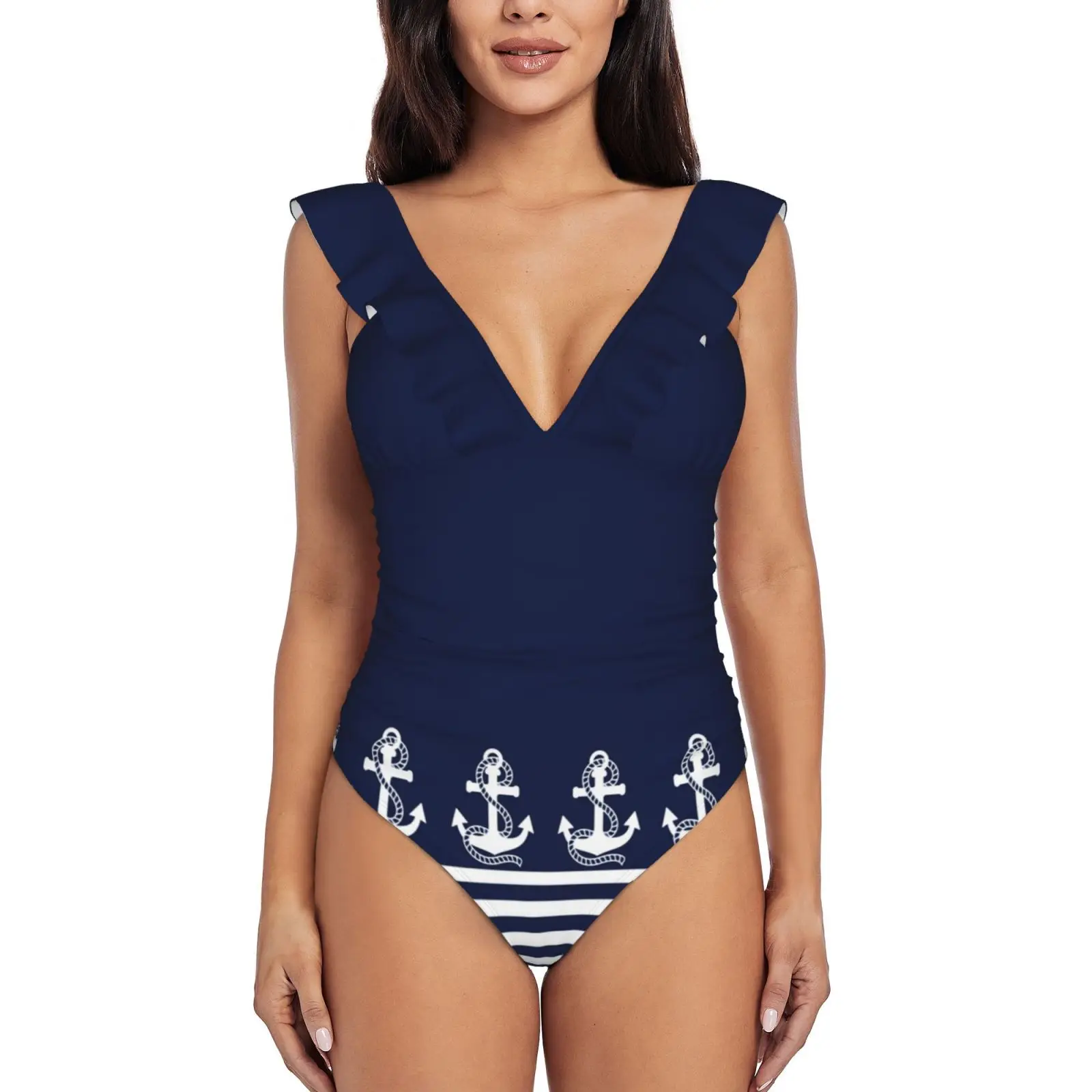 

Nautical Navy Blue Stripes And White Anchor Sexy One Piece Swimsuit Women Swimwear Monokini Ruffle Bathing Suit Beach Wear