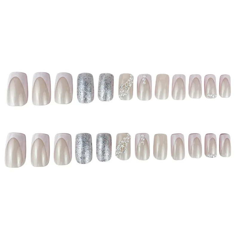 Conjunto de unhas postiças com cola, 24pcs, quadrado médio, 3d, borboleta, pressione unhas, acrílico, curto, decoração, nail art