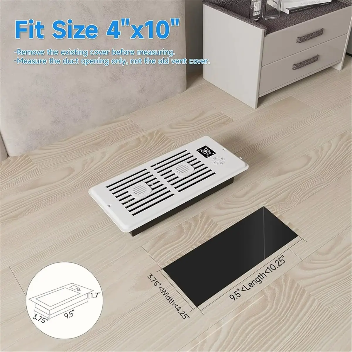 AT42 Register Booster Fan 4x10Inch Smart Heating Cooling Vent Fan Remote Control Thermostat Control for Home US Plug