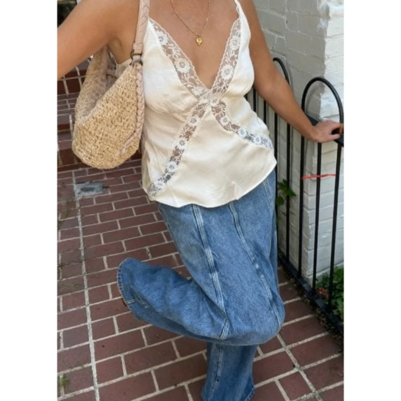 Kamizelka damska Combhasaki z koronkowym wykończeniem, satynowa, na ramiączkach spaghetti, z dekoltem w serek, z siateczki i koronki, top typu camisole w stylu Y2K, zwiewny, idealny na wyjście i do noszenia warstwowo.