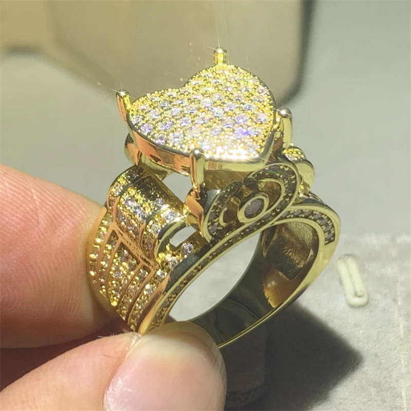 New 14K Gold Filled Exquisite Big Heart Ring Micro Pave Diamond Ring Fully Iced Out Bling Hip Hop Punk Men Women Jewelry view 2