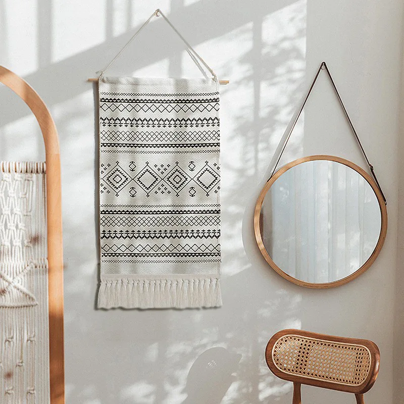 Bohemian-style Hand-woven Fringed Tapestry, for Minimalist Bedroom and Living Room Decor, Background Wall Decoration