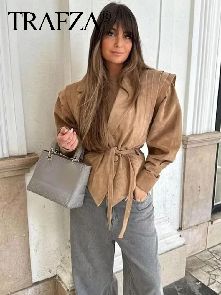 

TRAFZA Women Autumn And Winter Fashion Waist Strapped Suede Jacket Female Elegant Pocket Decorated High Street Casual Coat Mujer