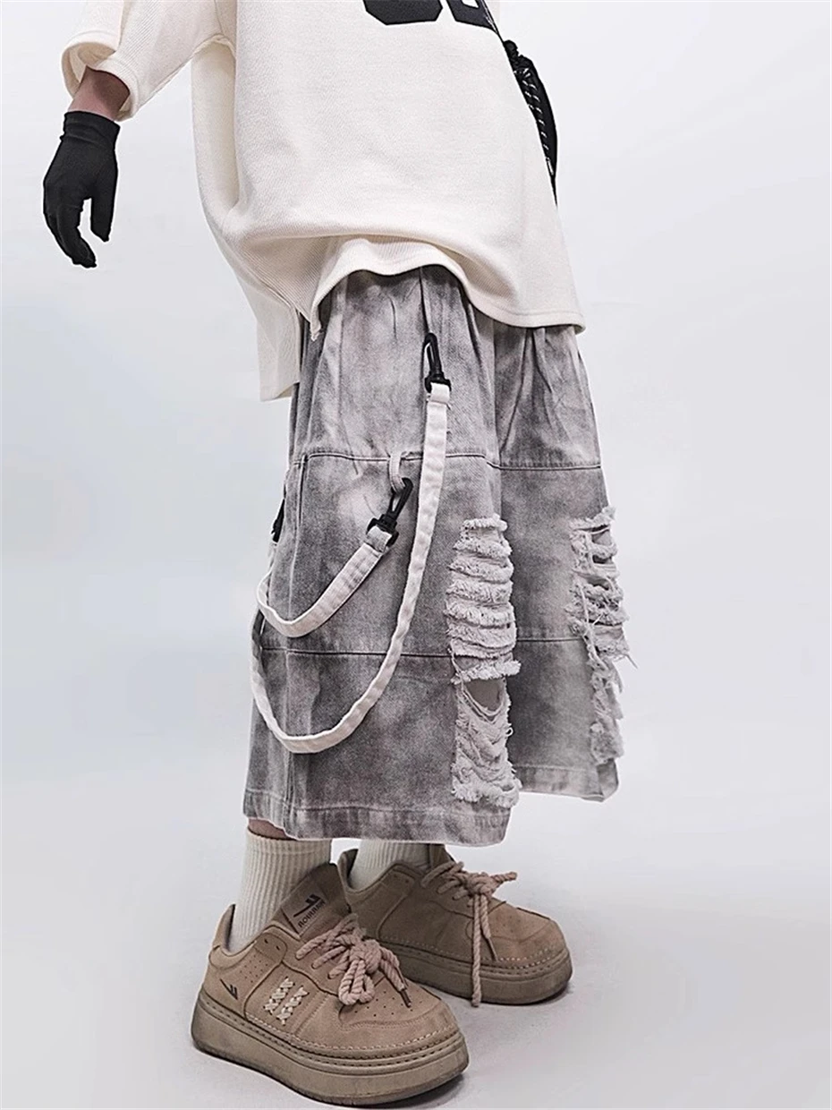 Ripped Hole Denim Shorts Mens Streetwear Hip Hop Knee Length Pants Harajuku Vintage Baggy Casual Wide-leg Jeans Short Male