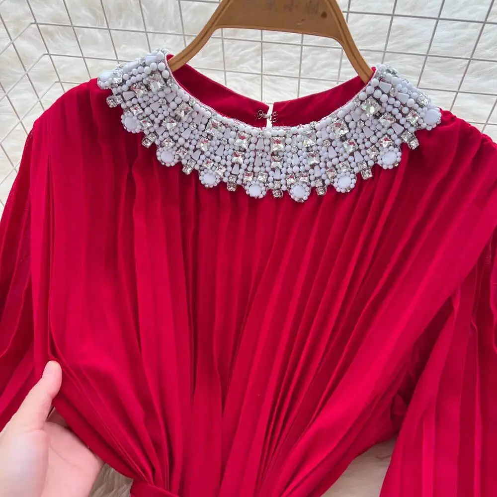 Chic vintage col rond froncé strass mince élégant fée mode coréenne Boho robe d'été femmes vêtements robe longue