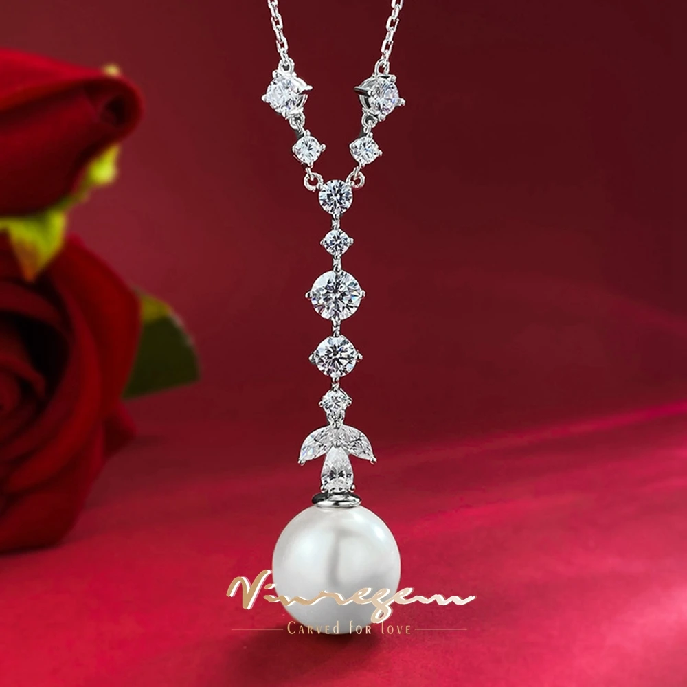 

Vinregem 18K White Gold 16MM Pearl High Carbon Diamonds Gemstones Luxury Necklaces Pendant 925 Sterling Silver Jewelry Wholesale