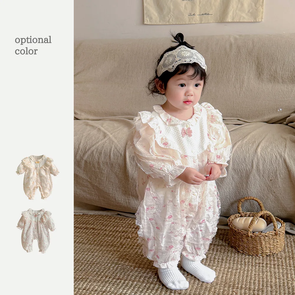 2024 Autumn New in Infant Princess Style Cute Clothing Kids Ruched Floral Lace Jumpsuits Newborn Baby Outfits Romper 0-24M