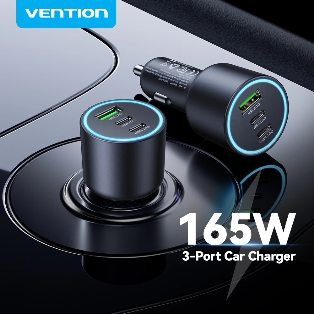 Vention 165W USB C Car Charger 3-Ports PD QC 4.0 45W For Samsung S25 iPhone 17 16 Macbook 100W Fast Charging Adapter With LED