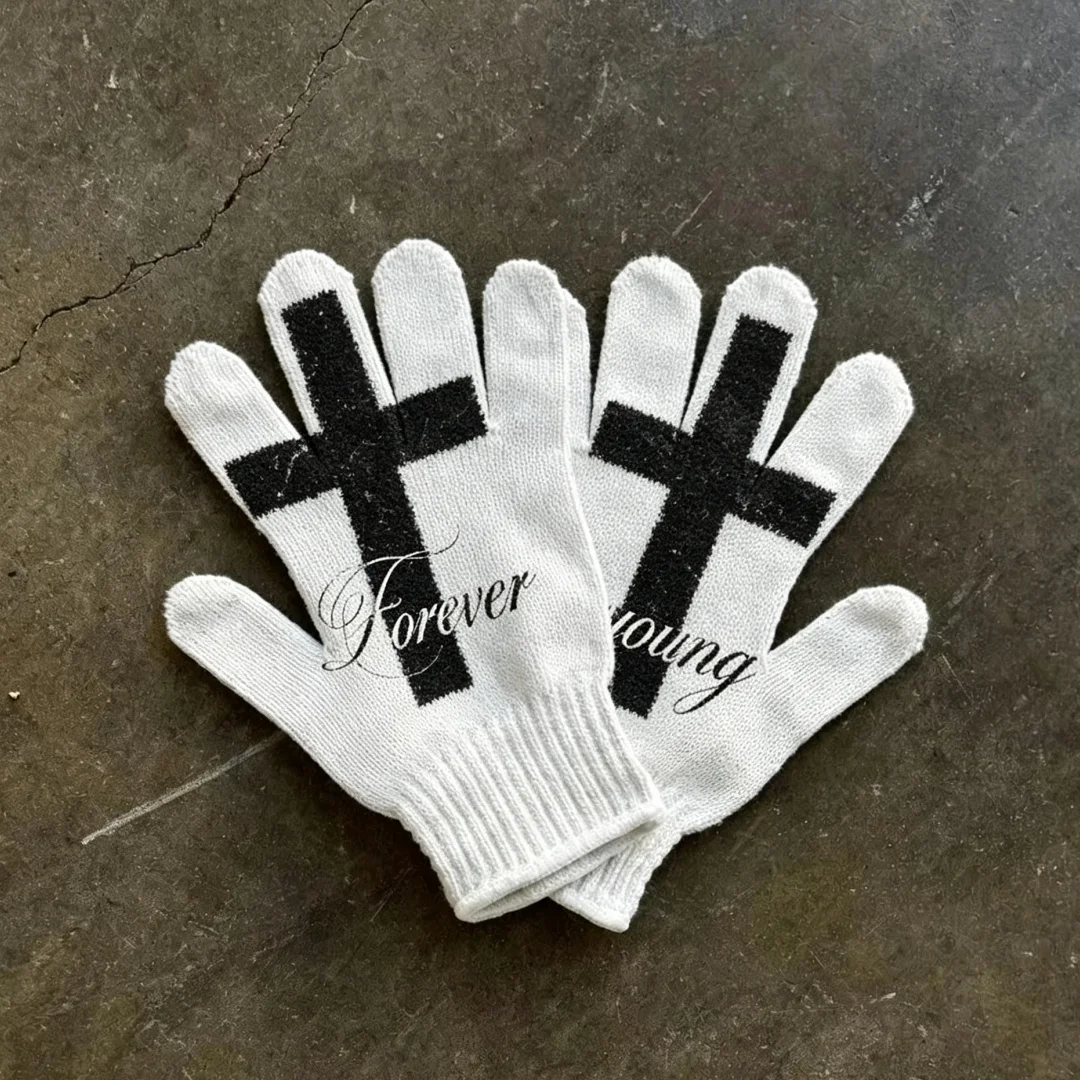 Y2K Gothic White Knit Full Finger Gloves Black Cross Jacquard Forever Young Punk Warm Gloves