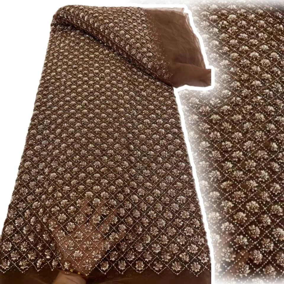 

2025 French Brown Heavy Beaded Lace African Sequins Lace Fabrics High Quality Nigerian Tulle Net for Sewing Women Dresses SZ1626
